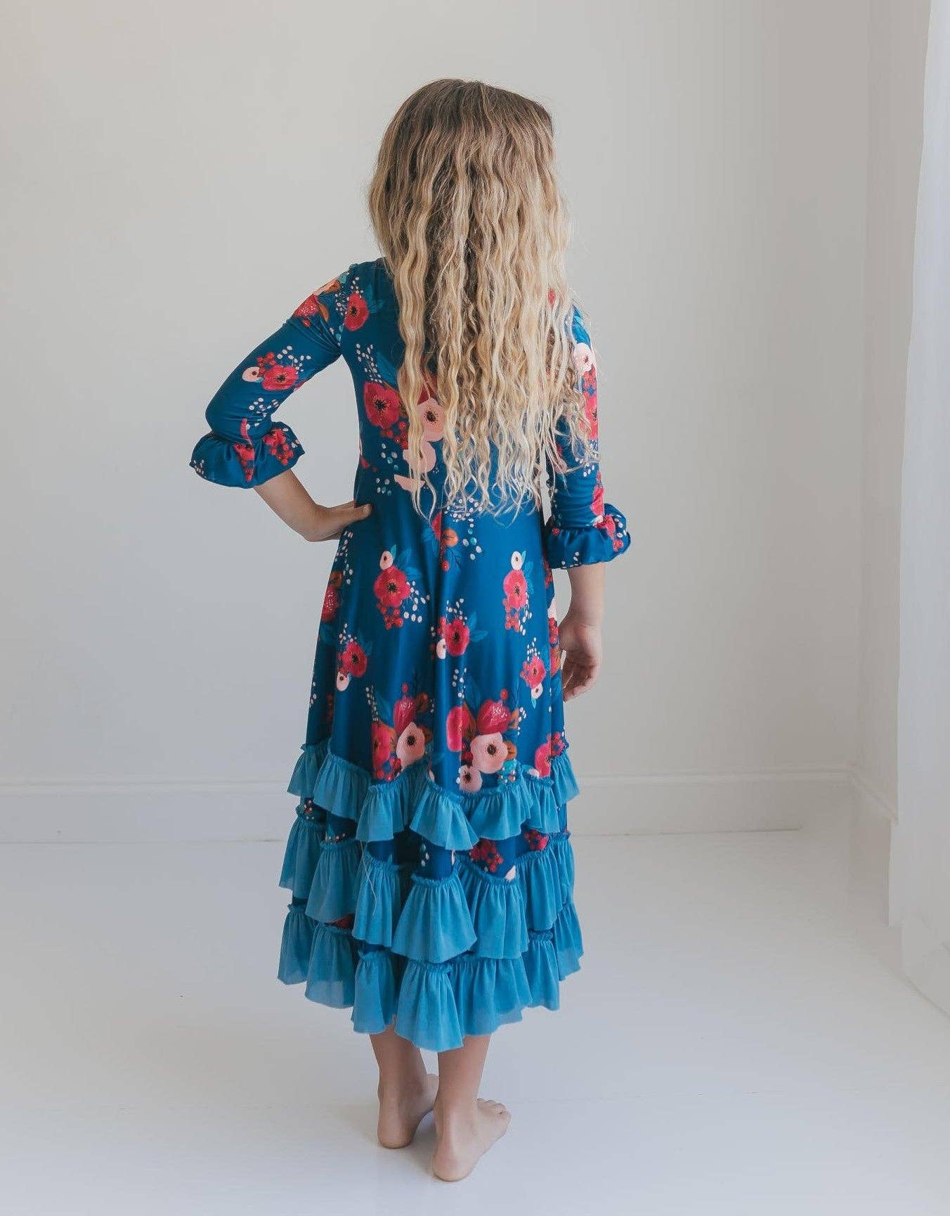 Girls Bella Blue Sapphire & Ruby Garden Twirl Ruffles Dress