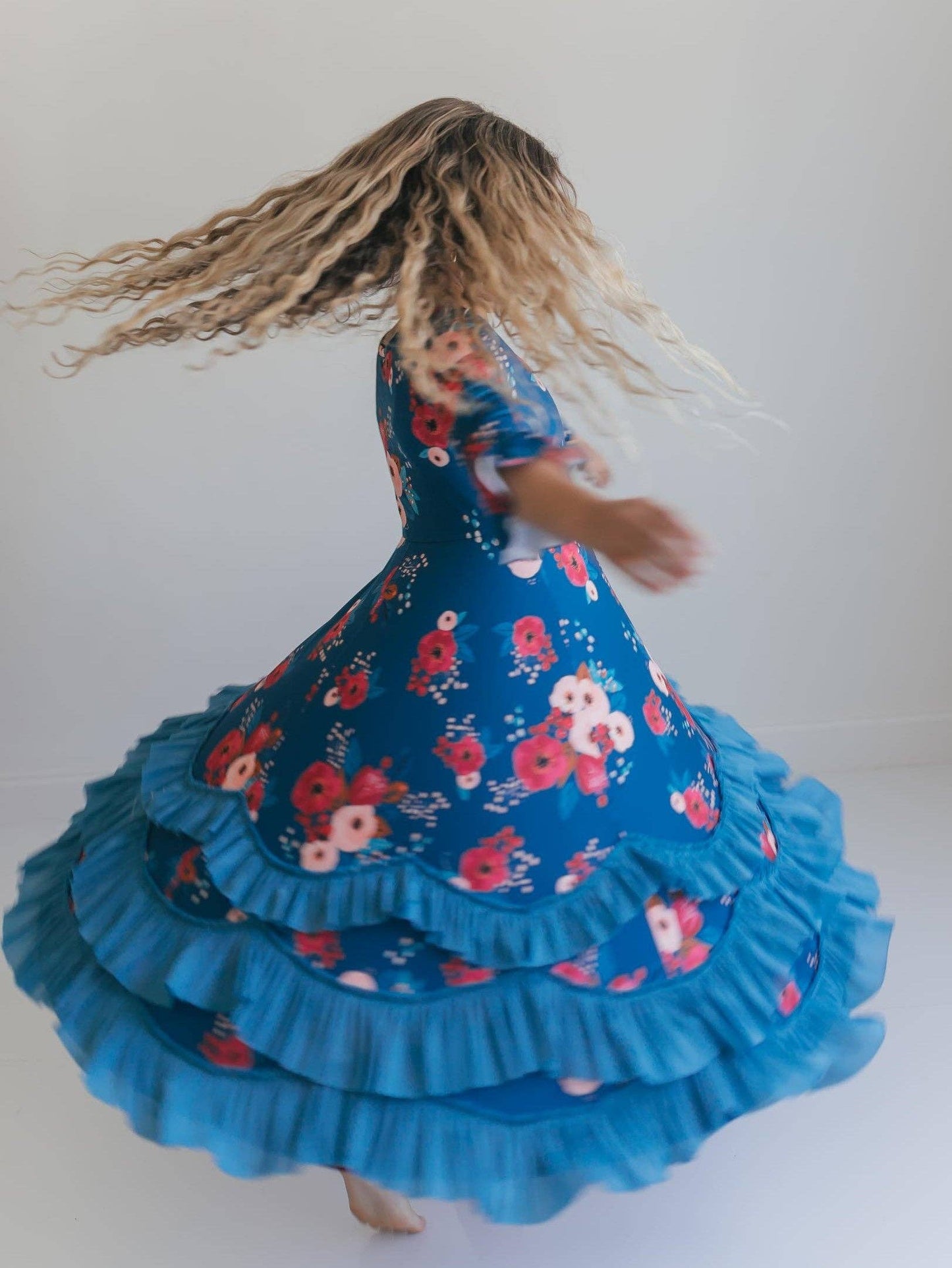 Girls Bella Blue Sapphire & Ruby Garden Twirl Ruffles Dress