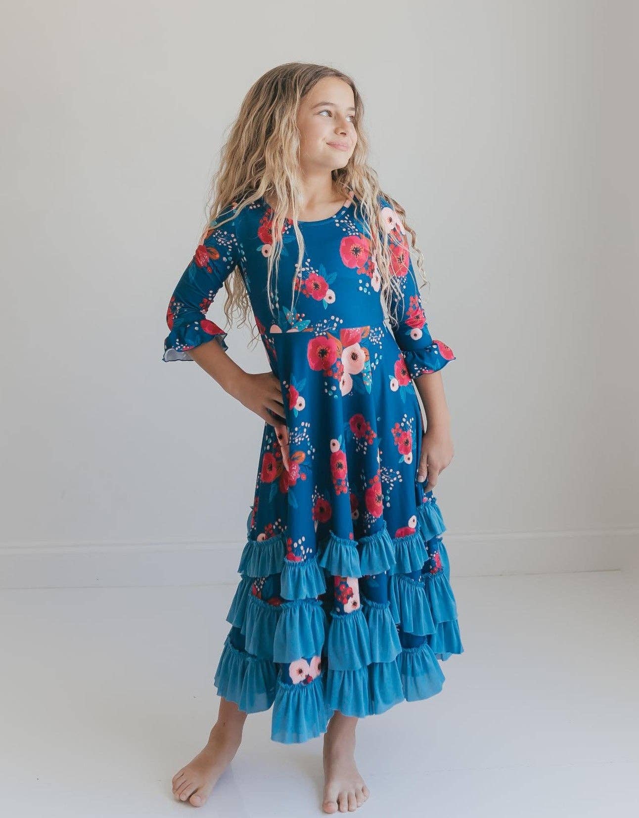 Girls Bella Blue Sapphire & Ruby Garden Twirl Ruffles Dress