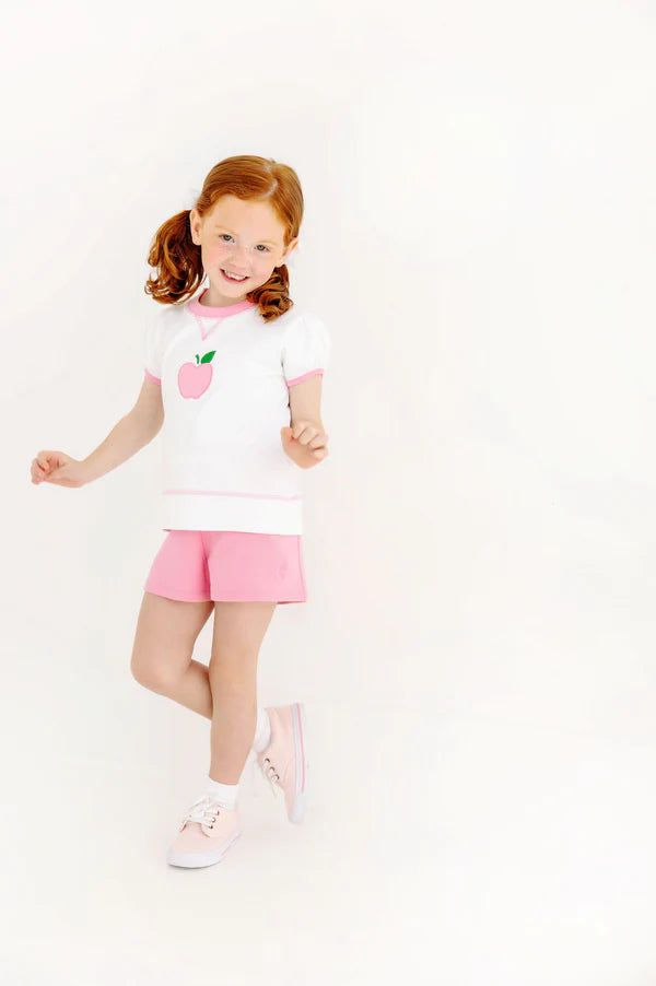 TBBC | Short Puff Sleeve Cassidy Comfy Crewneck - Worth Avenue White & Hamptons Hot Pink with Apple Applique