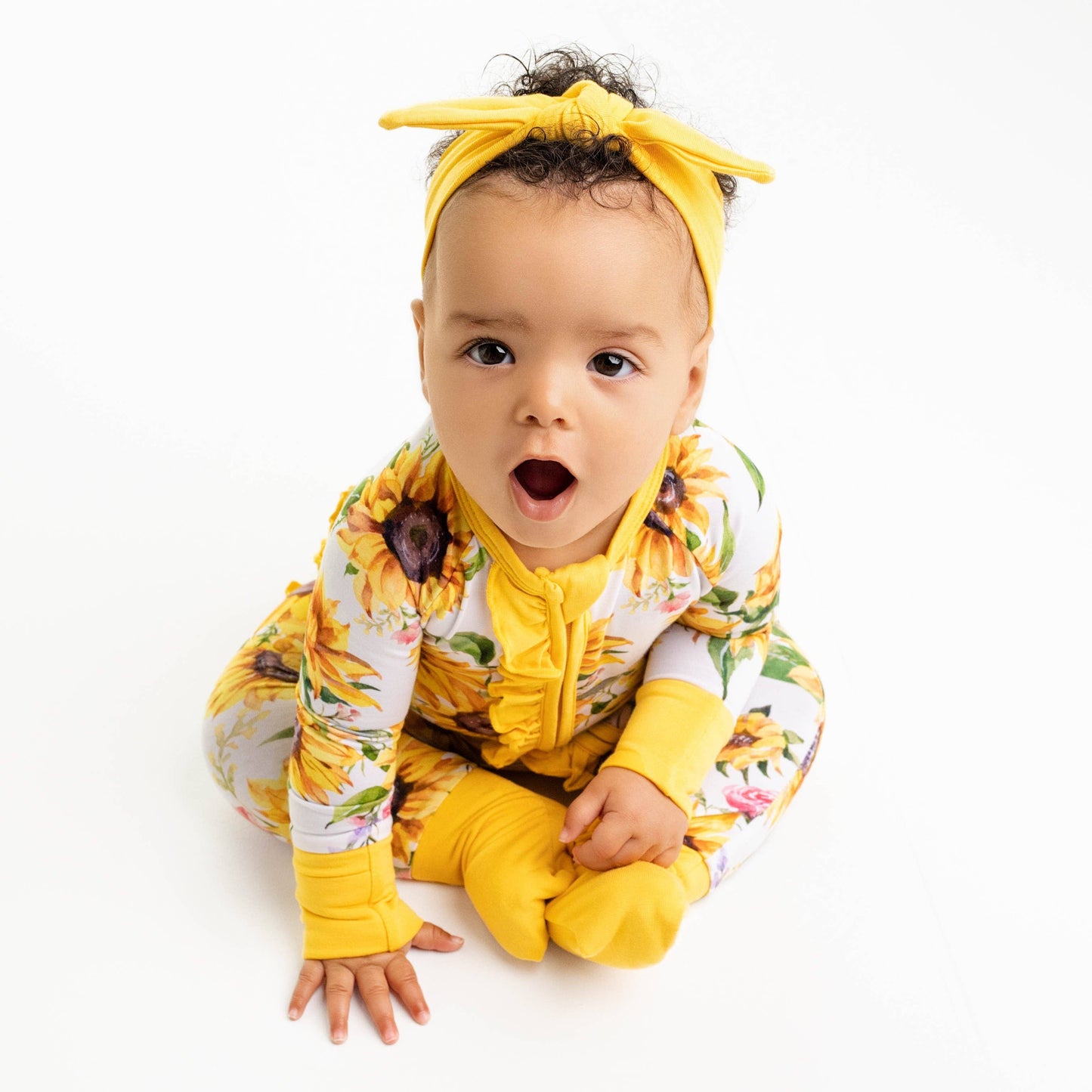 Suns and Roses (Sunflowers) Ruffle Baby Bamboo Zipper Romper Pajamas