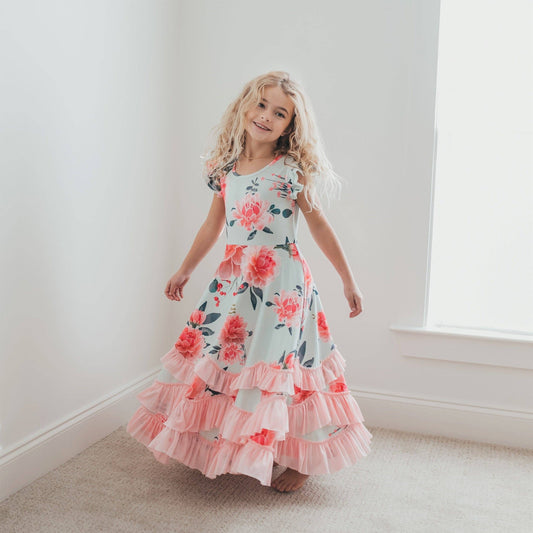 Mint & Pink Floral Flutter Sleeve Ruffle Dress