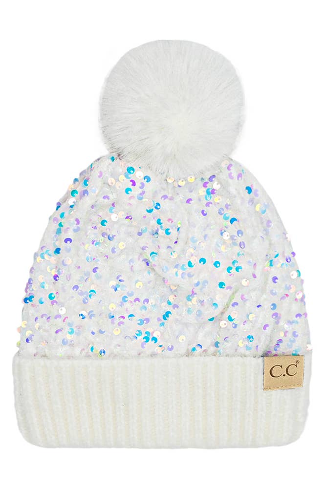C.C Kids Sequin Fur Pom Beanie