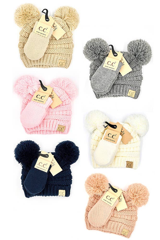 C.C Baby Solid Ribbed Pom Beanie and Mitten Glove