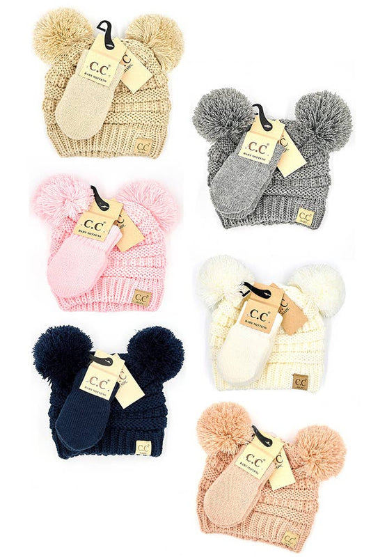 C.C Baby Solid Ribbed Pom Beanie and Mitten Glove