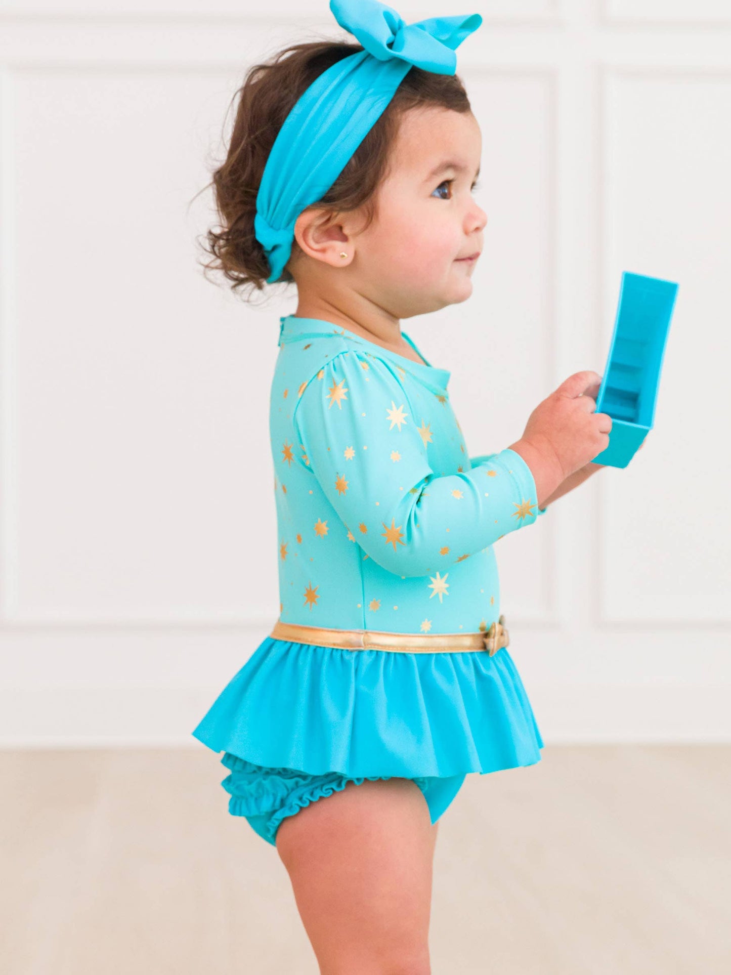 Teal & Gold Princess Long Sleeve Bow Skirted One Piece
