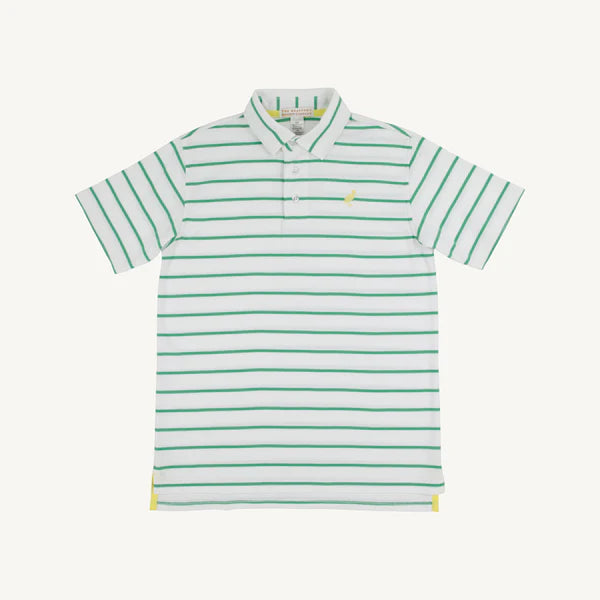 TBBC | Prim & Proper Polo - Gibson Island Green Stripe with Lake Worth Yellow Stork
