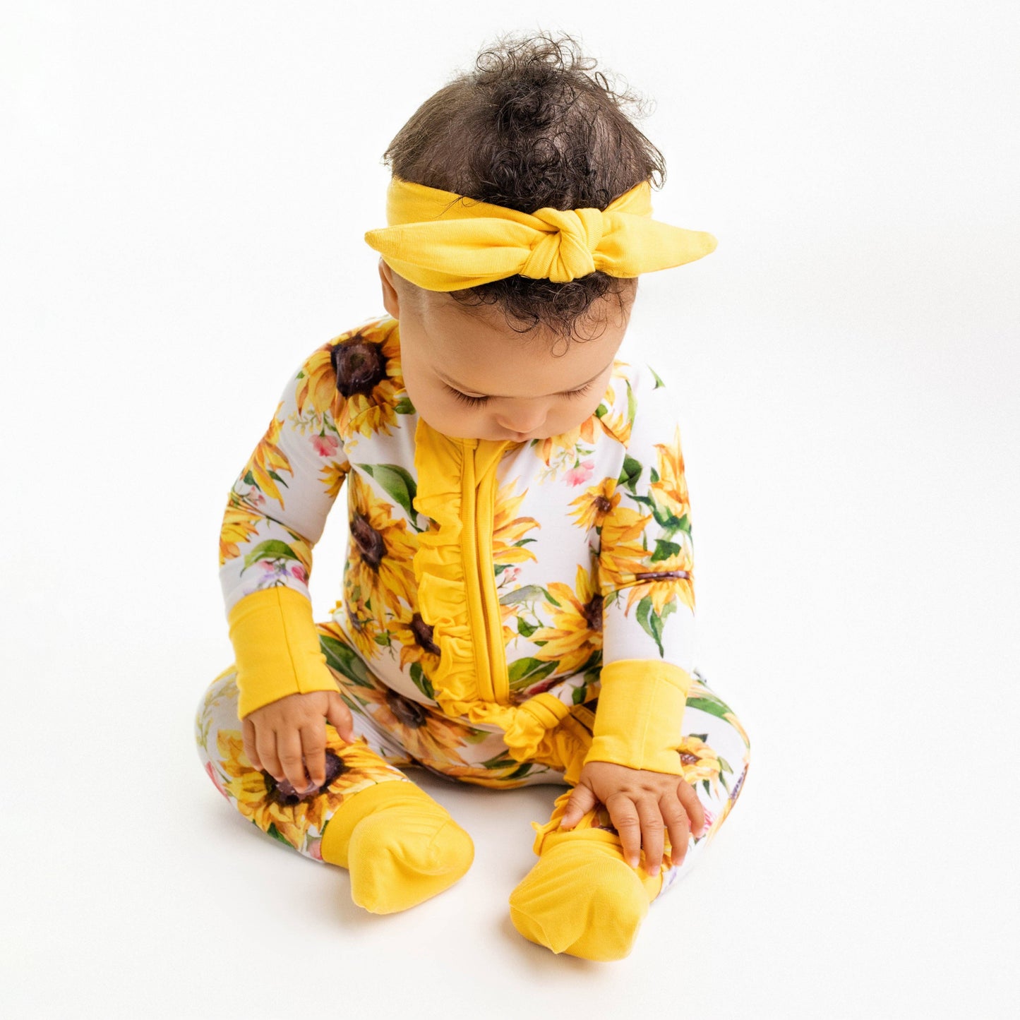 Suns and Roses (Sunflowers) Ruffle Baby Bamboo Zipper Romper Pajamas