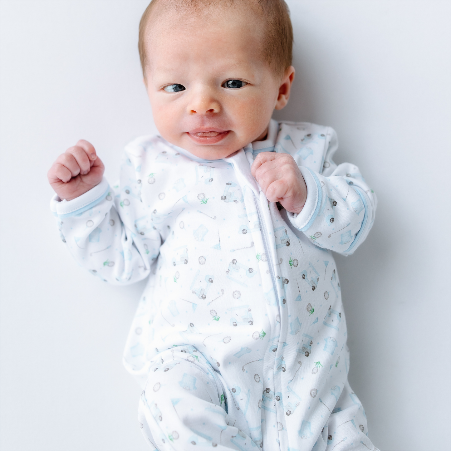 Magnolia Baby | Little Golfer Print Zip Footie - Light Blue