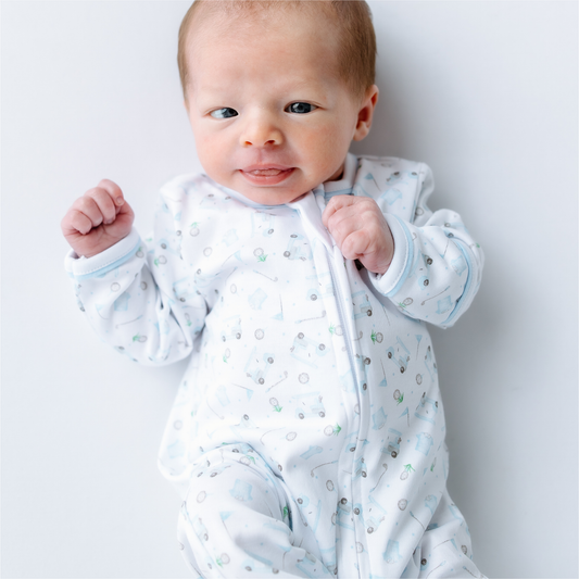 Magnolia Baby | Little Golfer Print Zip Footie - Light Blue