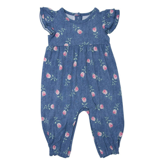 Sweet Bamboo - Pink Roses on Denim Flutter Sleeve Romper