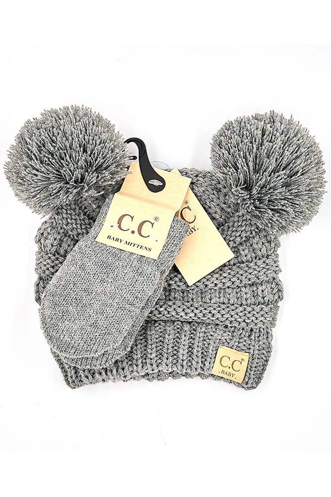 C.C Baby Solid Ribbed Pom Beanie and Mitten Glove