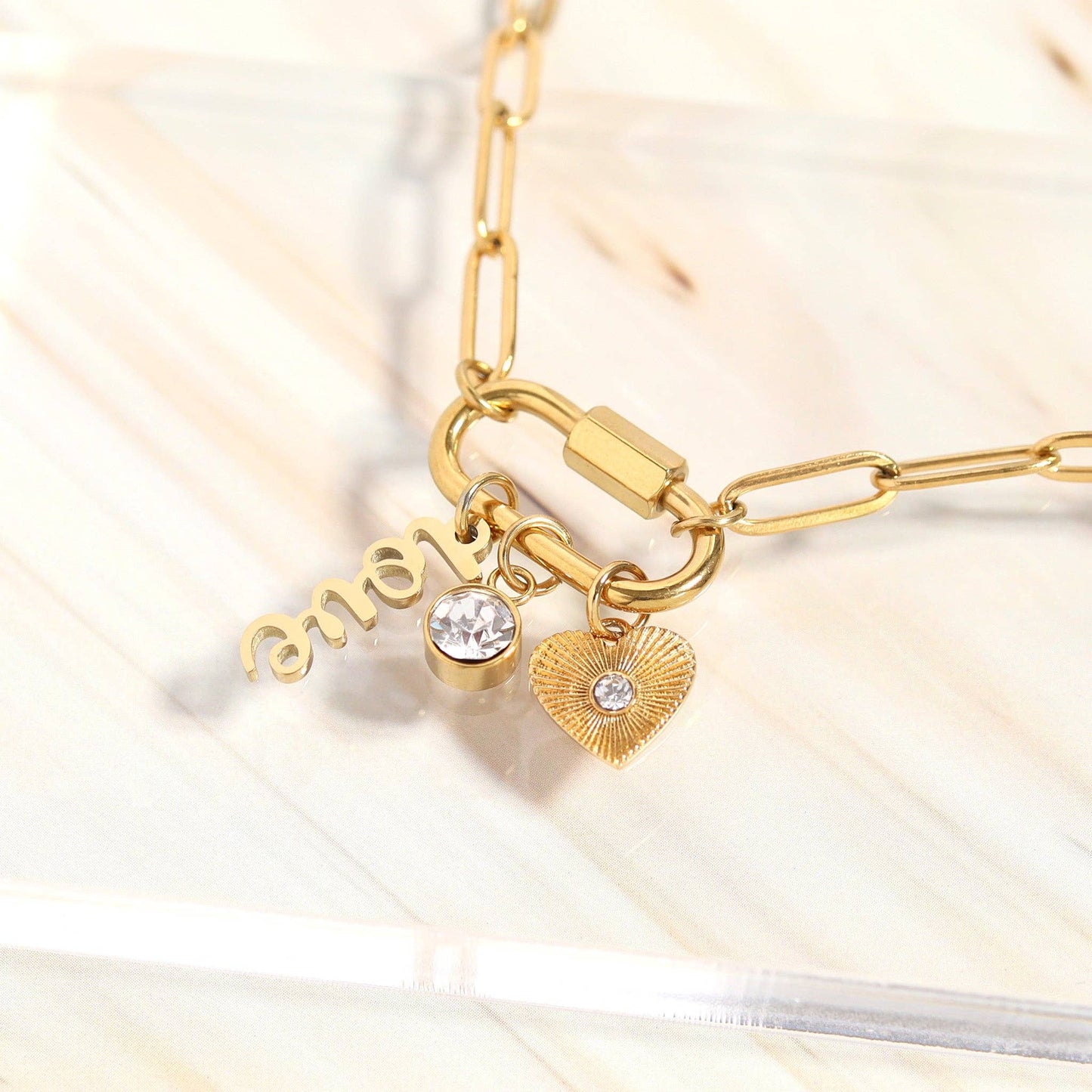 Gold Carabiner "Love" Paperclip Charm Necklace
