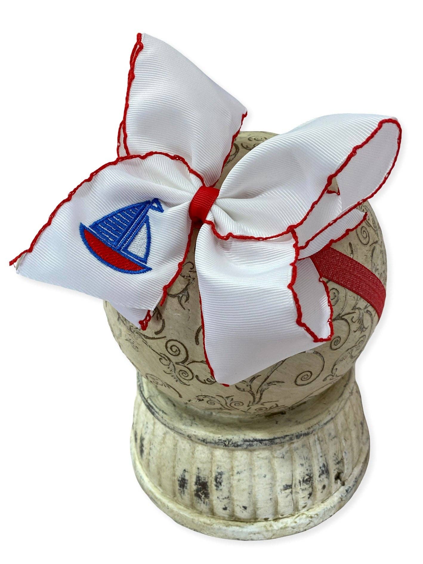 Sailboat Embroidered Classic Hair Bow