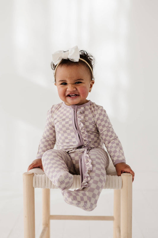 Lavender Cloud Checkered Bamboo Footie Romper