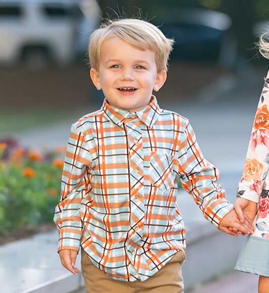 Boys Orange Pumpkin Patch Plaid Long-Sleeve Button-Up