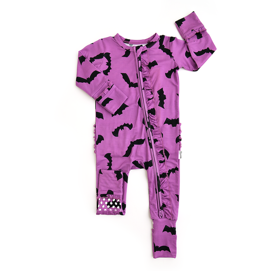 Echo Purple Bats Rufflebutts Zip Romper