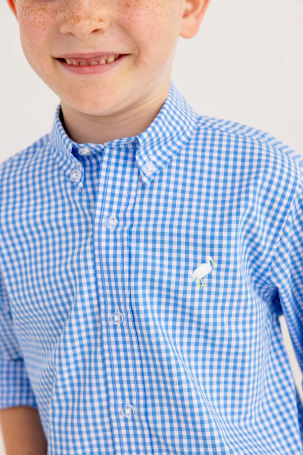 TBBC | Dean’s List Dress Shirt - Sunrise Blvd Blue Mini Gingham with Worth Avenue White Stork