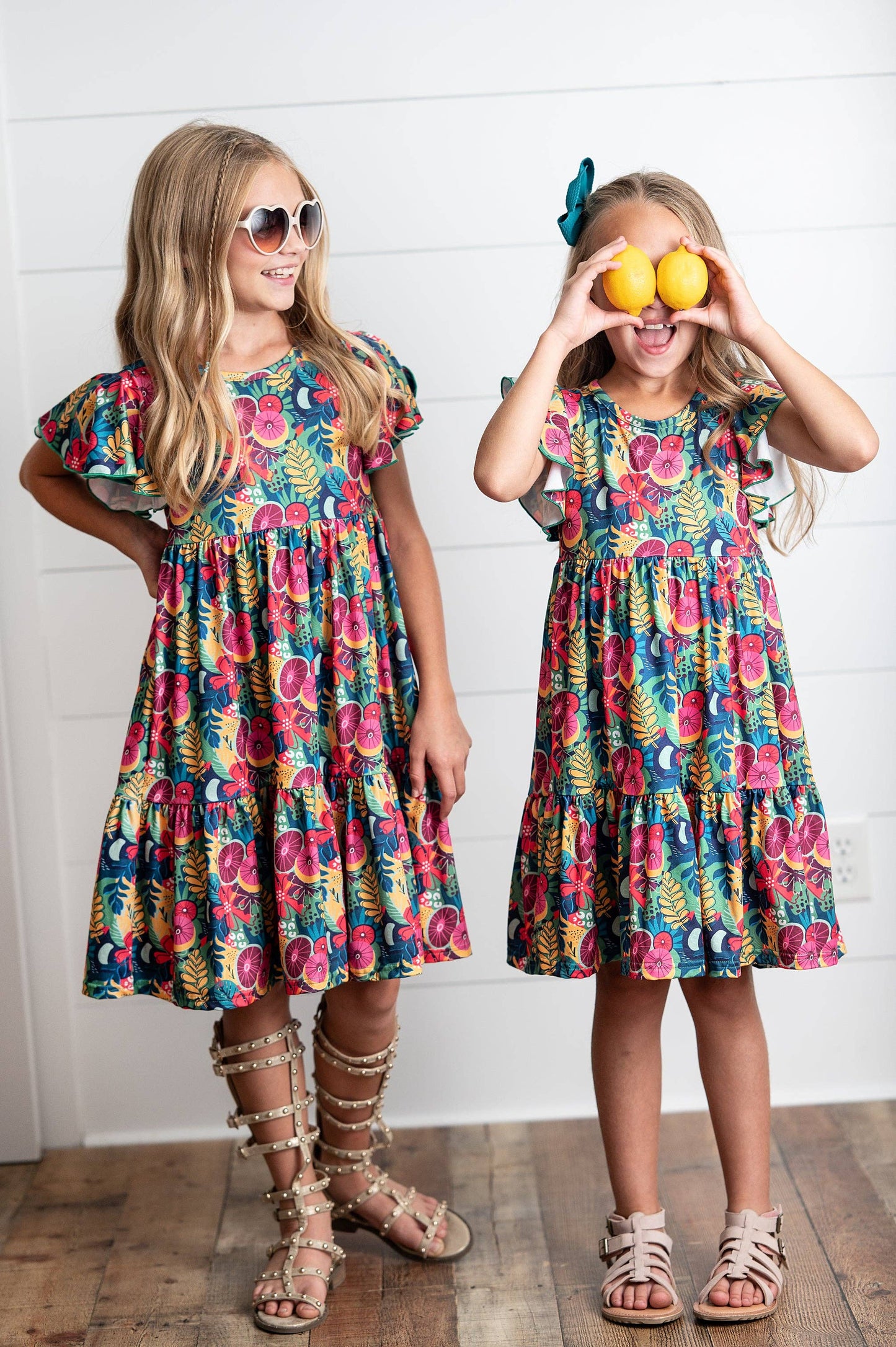 Emmy Bold Tropical Flutter Sleeve Twirl Dress