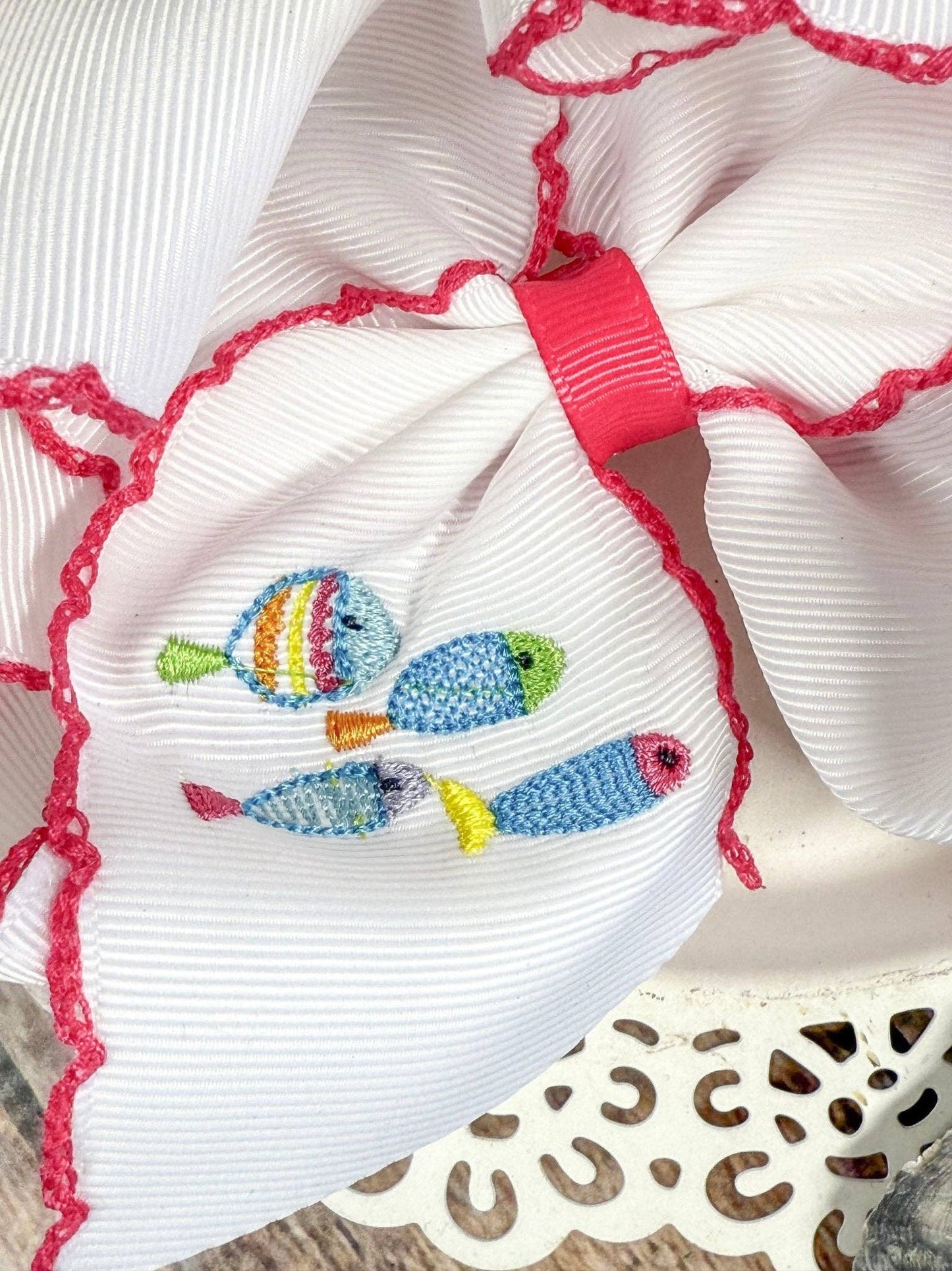 Fishies Embroidered Moonstitch Hair Bow