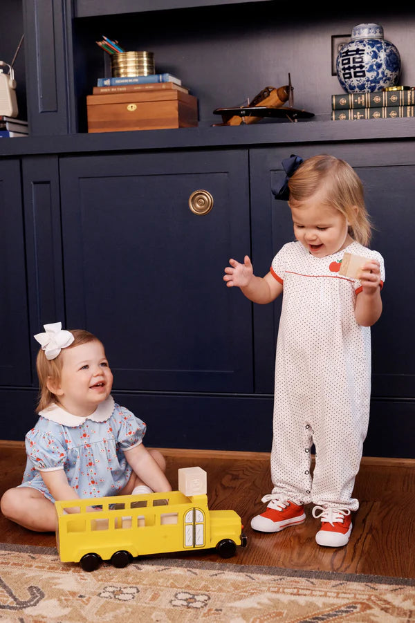 TBBC | Penny’s Playsuit - Nantucket Navy Microdot with Richmond Red and Apple Applique