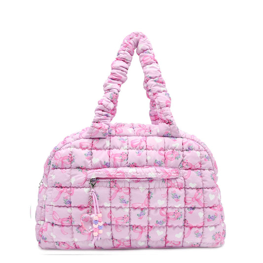 OMG Accessories - Quilted Scrunchies Floral Bow Printed Medium Duffle Bag
