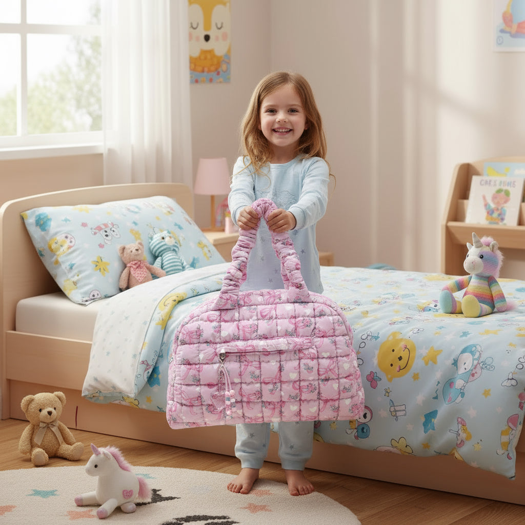 OMG Accessories - Quilted Scrunchies Floral Bow Printed Medium Duffle Bag