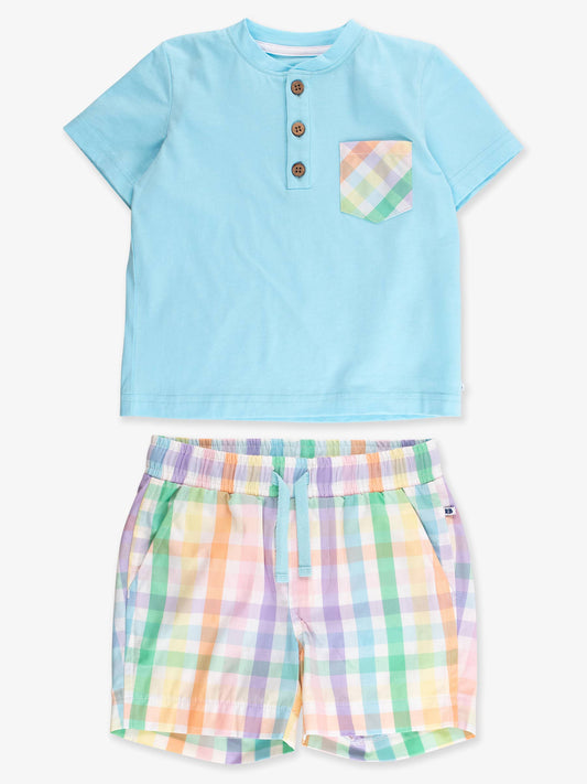 RuffleButts + RuggedButts - Boys Poppy Rainbow Plaid Pocket Henley Shirt & Pull-on Short Set