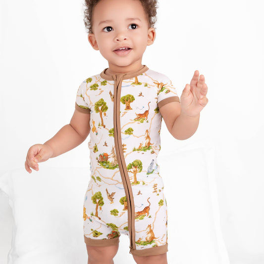 Oh Bother, It's Bedtime Short Sleeve Baby Bamboo Zipper Romper Pajamas