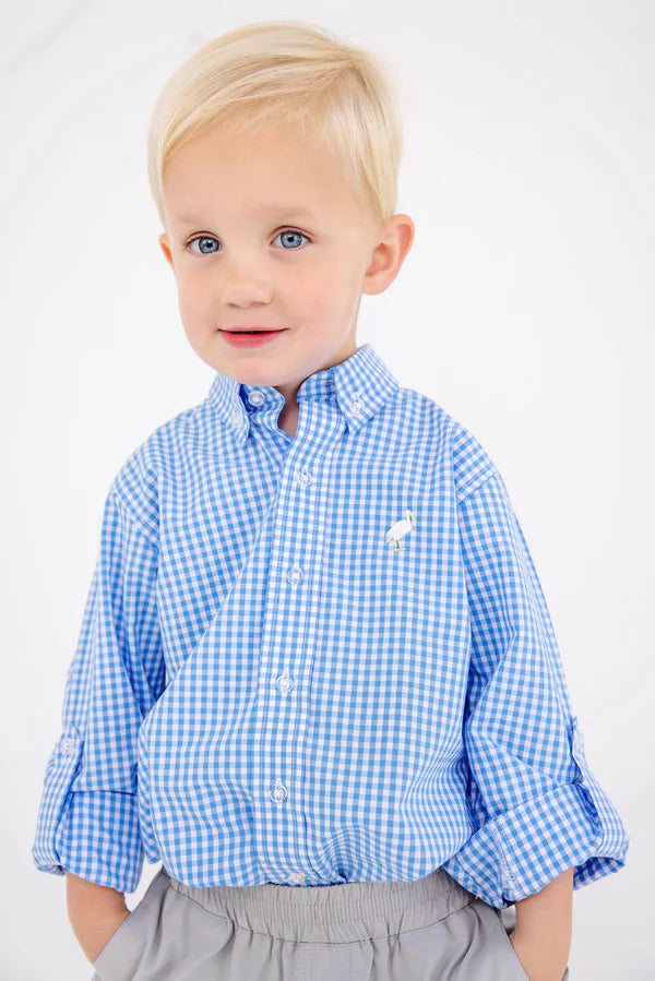 TBBC | Dean’s List Dress Shirt - Sunrise Blvd Blue Mini Gingham with Worth Avenue White Stork