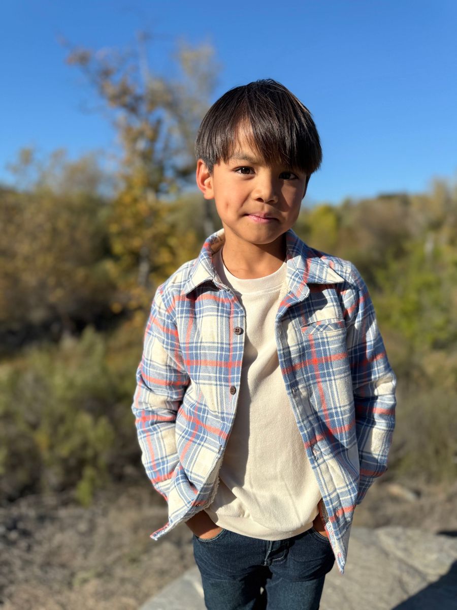 Me & Henry | Adventurer Sherpa Lined Shacket - Blue, Pumpkin, & White Plaid