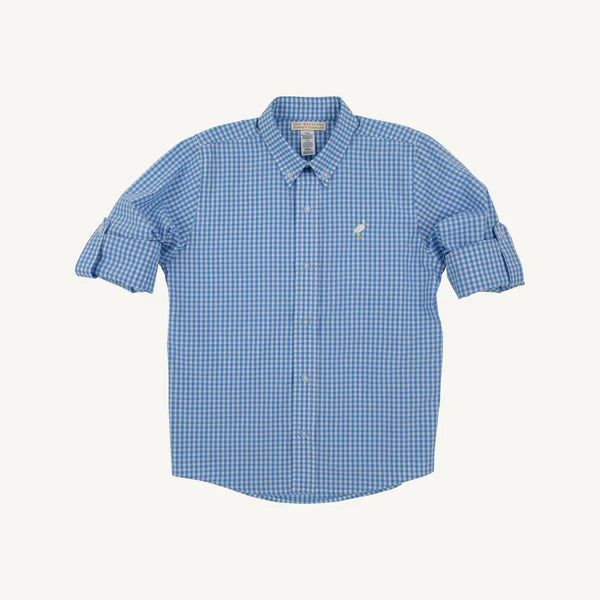 TBBC | Dean’s List Dress Shirt - Sunrise Blvd Blue Mini Gingham with Worth Avenue White Stork