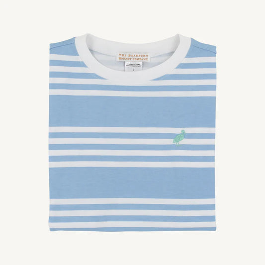 TBBC | Carter Crewneck - Saddle Ridge Stripe (Sarasota Sky) with Gibson Island Green Stork