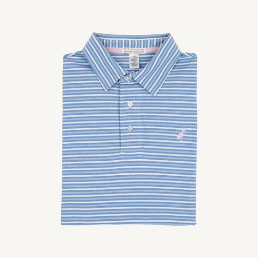 TBBC | Prim & Proper Polo & Onesie - Sumner County Stripe (Sunrise Blvd. Blue) with Palm Beach Pink Stork
