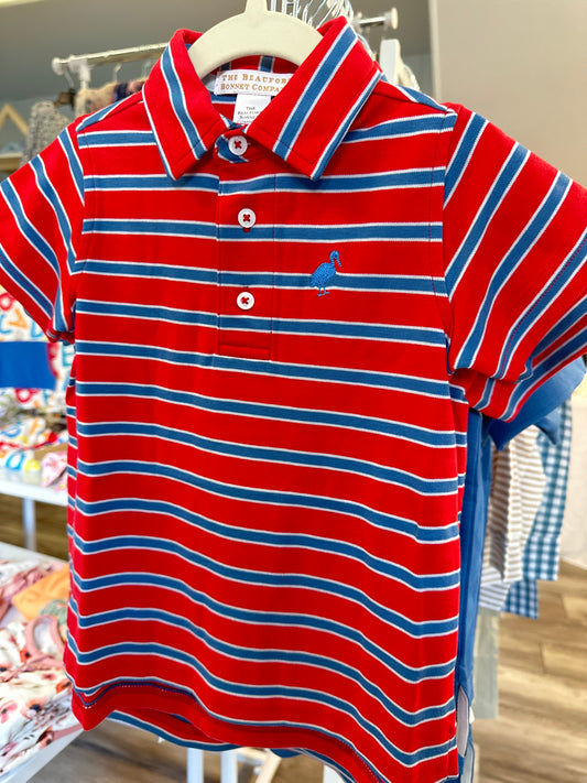 Prim & Proper Polo - Richmond Red, Wood Boat Blue, & Buckhead Blue Stripe with Wood Boat Blue Stork
