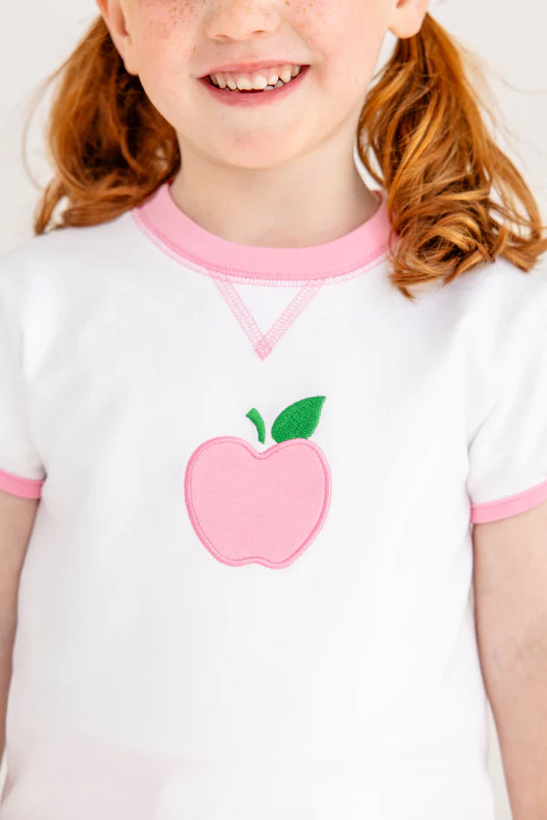 TBBC | Short Puff Sleeve Cassidy Comfy Crewneck - Worth Avenue White & Hamptons Hot Pink with Apple Applique