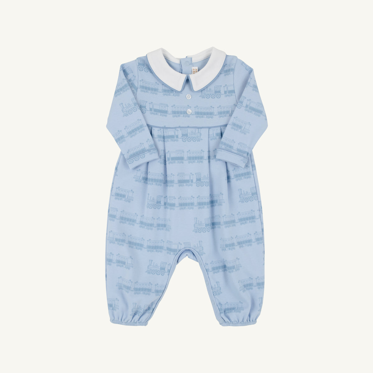 TBBC | Long Sleeve Bradford Romper - Blue Choo Choos with Worth Avenue White