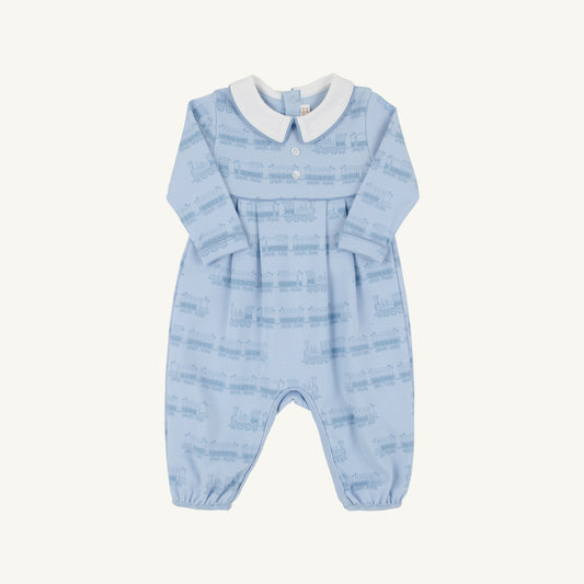 TBBC | Long Sleeve Bradford Romper - Blue Choo Choos with Worth Avenue White