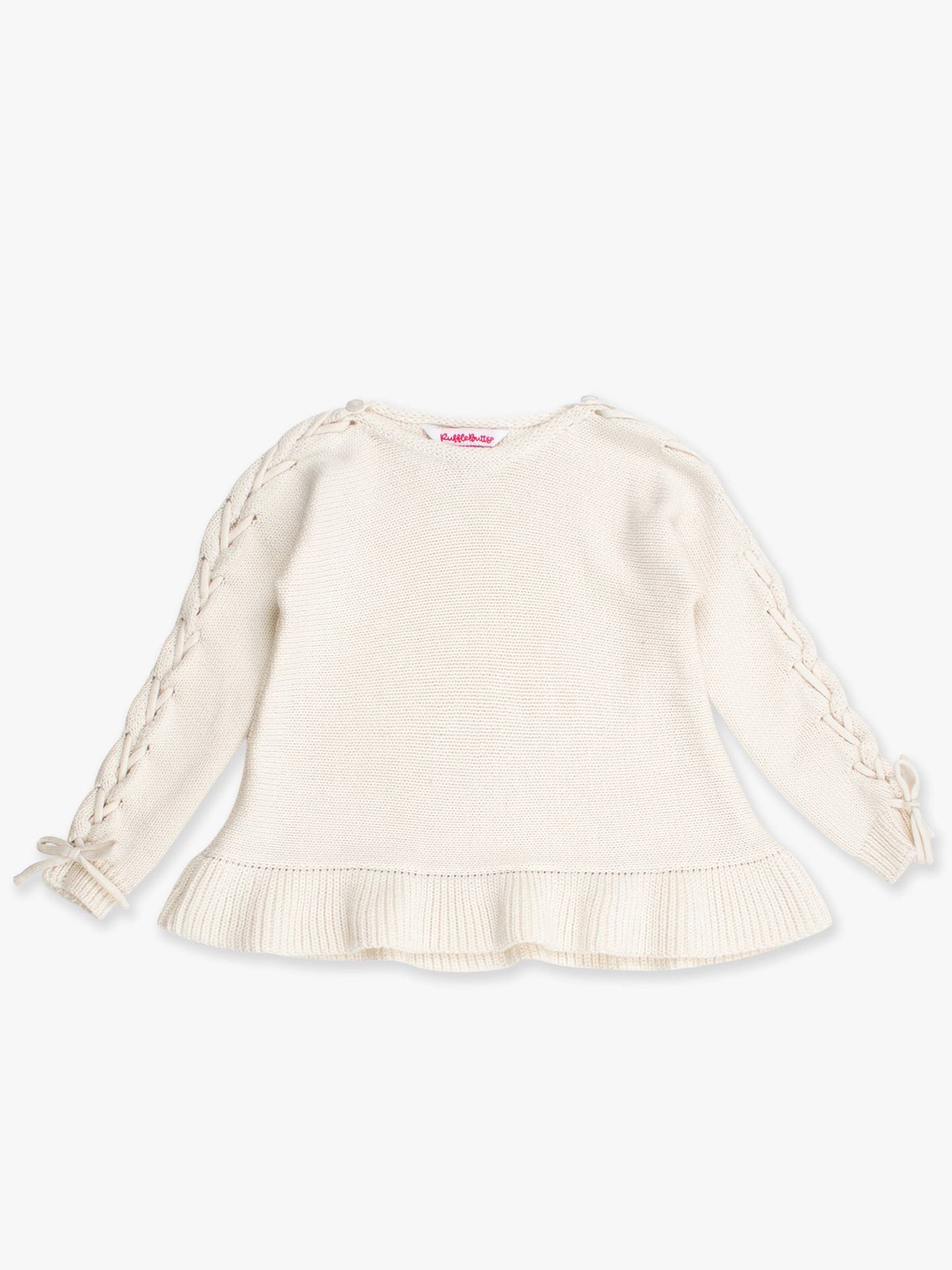 RuffleButts + RuggedButts - Girls Ivory Ruffle Hem Lace Up Sweater