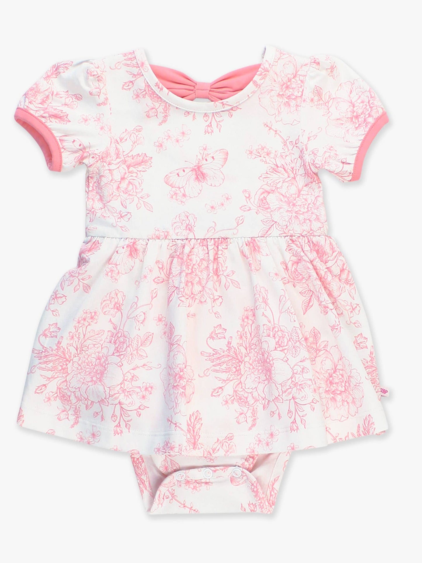 Bubblegum Pink Butterfly Garden Toile Short Sleeve Bow Twirl Romper
