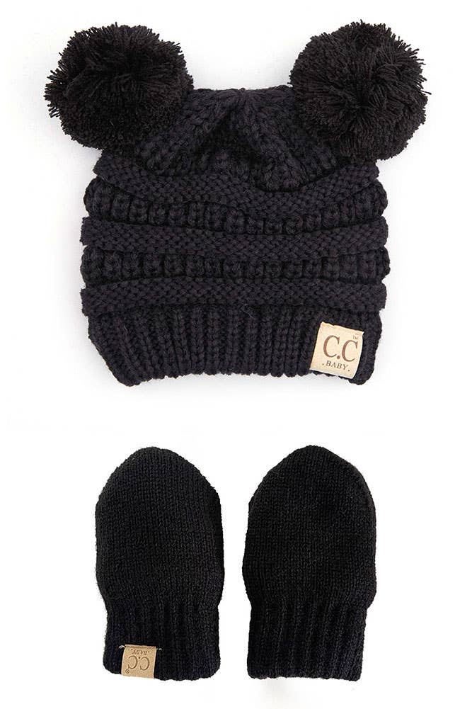C.C Baby Solid Ribbed Pom Beanie and Mitten Glove