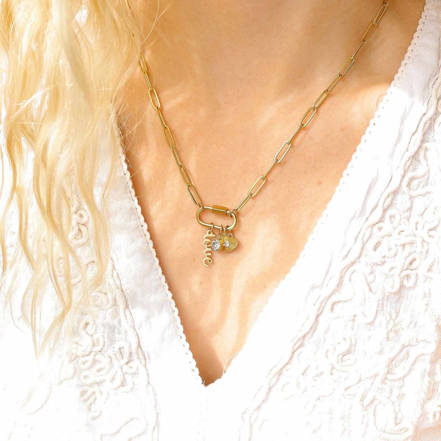Gold Carabiner "Love" Paperclip Charm Necklace