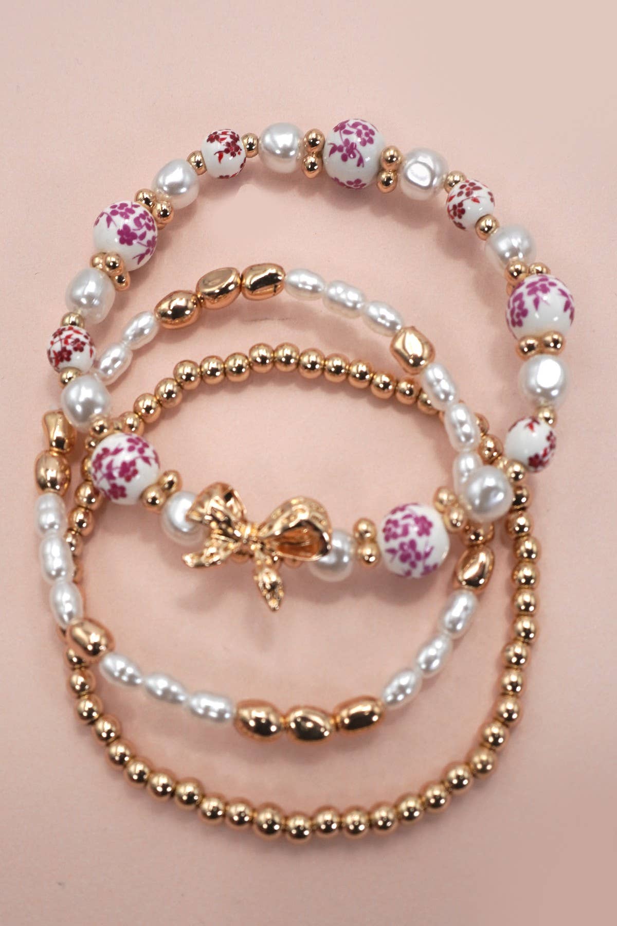 Precious Bow & Pearl Multi-Layer Stretch Bracelet Set