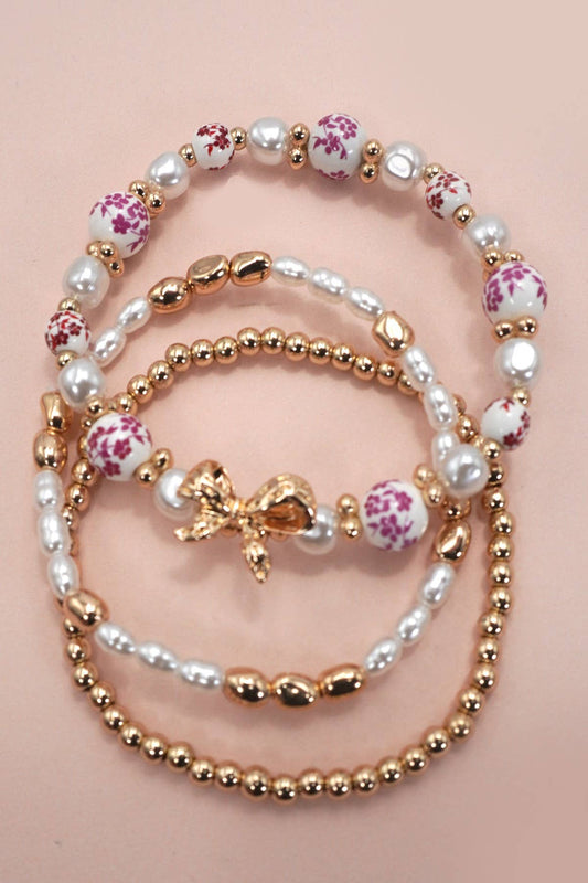Precious Bow & Pearl Multi-Layer Stretch Bracelet Set