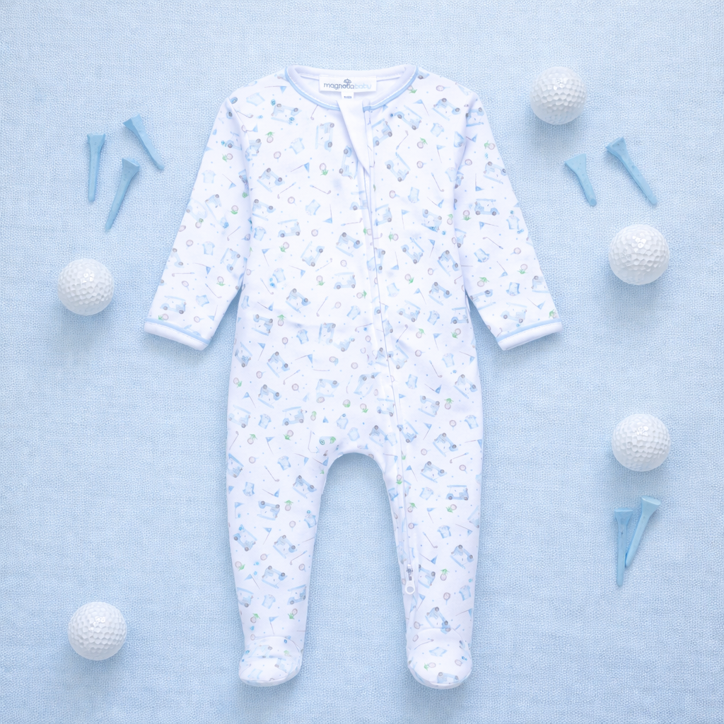 Magnolia Baby | Little Golfer Print Zip Footie - Light Blue