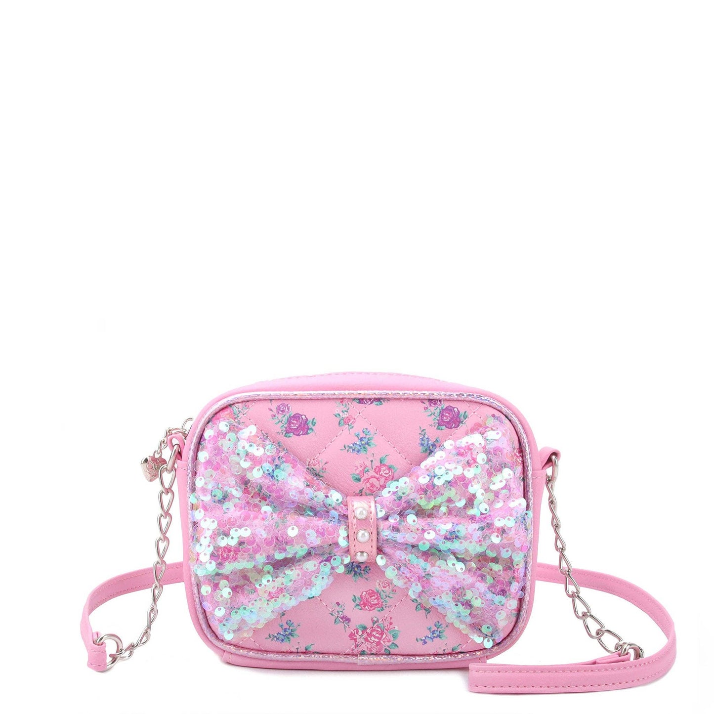 OMG Accessories - Floral Printed Sequins Bow Crossbody Bag