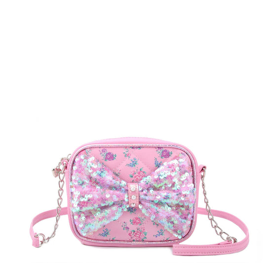 OMG Accessories - Floral Printed Sequins Bow Crossbody Bag