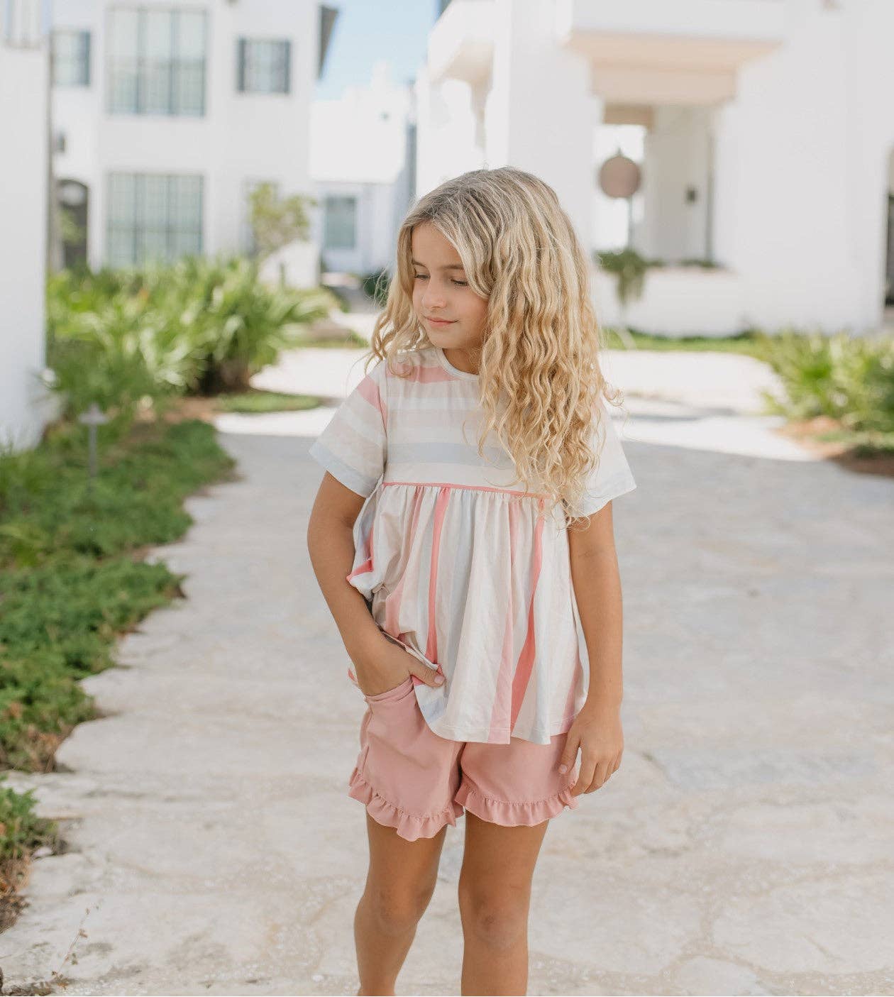Sand Blush Stripe Ruffle Short Set