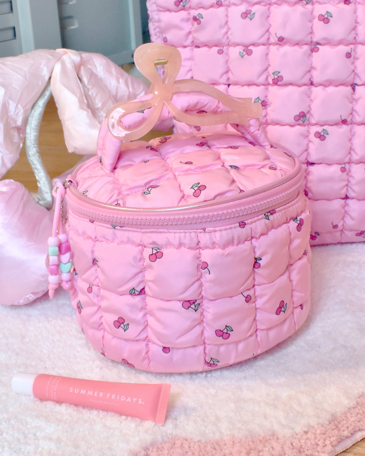 OMG Accessories - Cherry Print Quilted Scrunchies Round Glam Bag