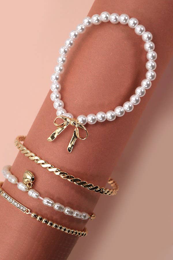 Bow and Pearl Rhinestone Bangle Set